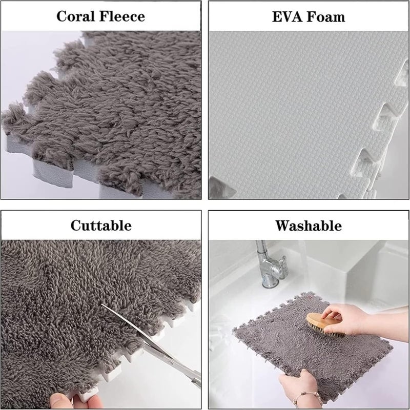 Typutomi 10pcs Plush Puzzle Foam Floor Mat, Soft Fluffy Interlocking Square Foam Tiles Area Rugs Carpet for Parlor Bedroom Decoration(11.8x11.8in, Grey&Pink) - Image 4